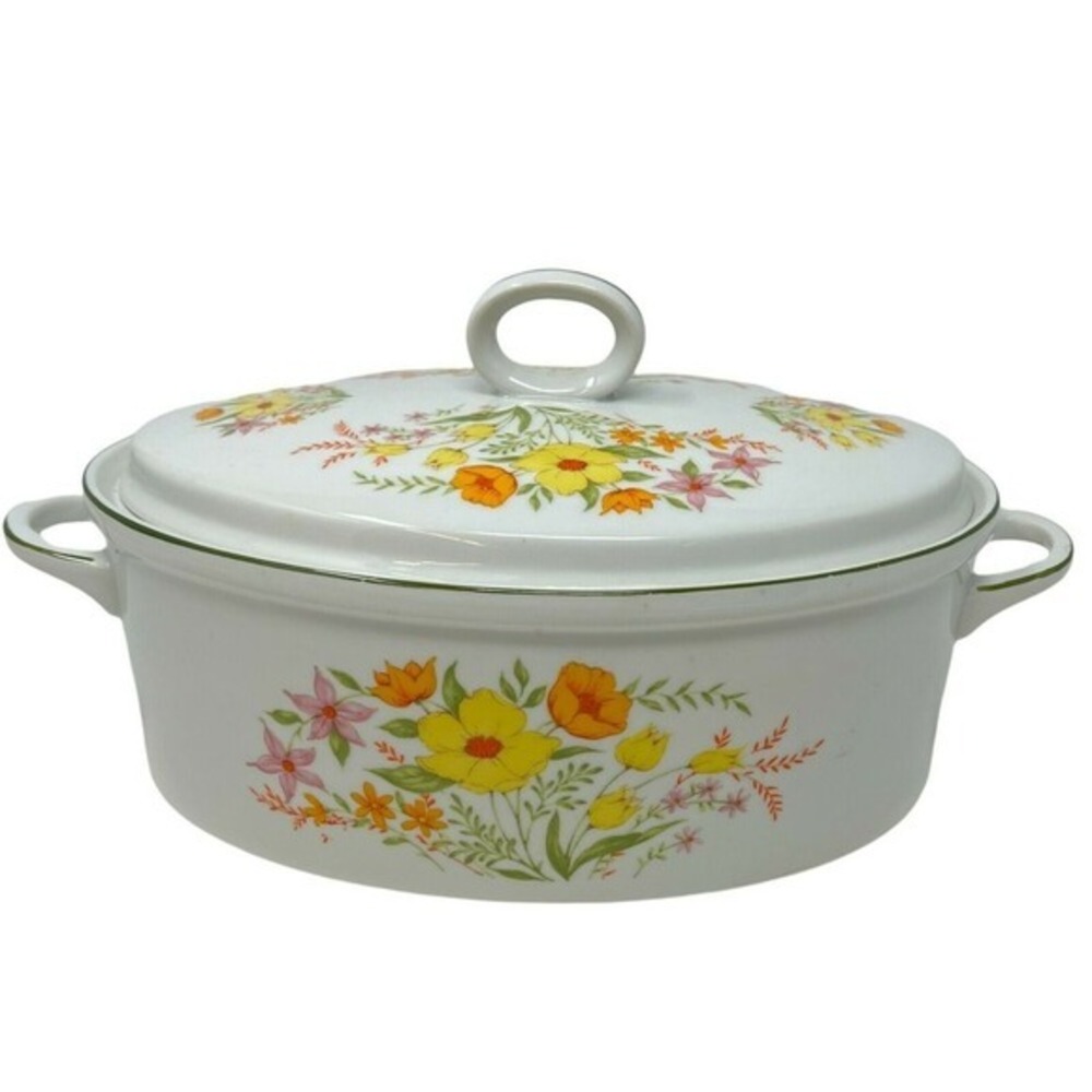 Andrea by Sadek Vintage Floral Enamelware Casserole Dish Lid Oval